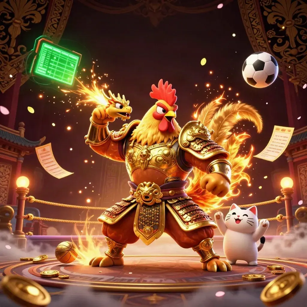 Rooster warrior, dragon hatchling and fortune cat amid gold sparks in a dark casino fantasy