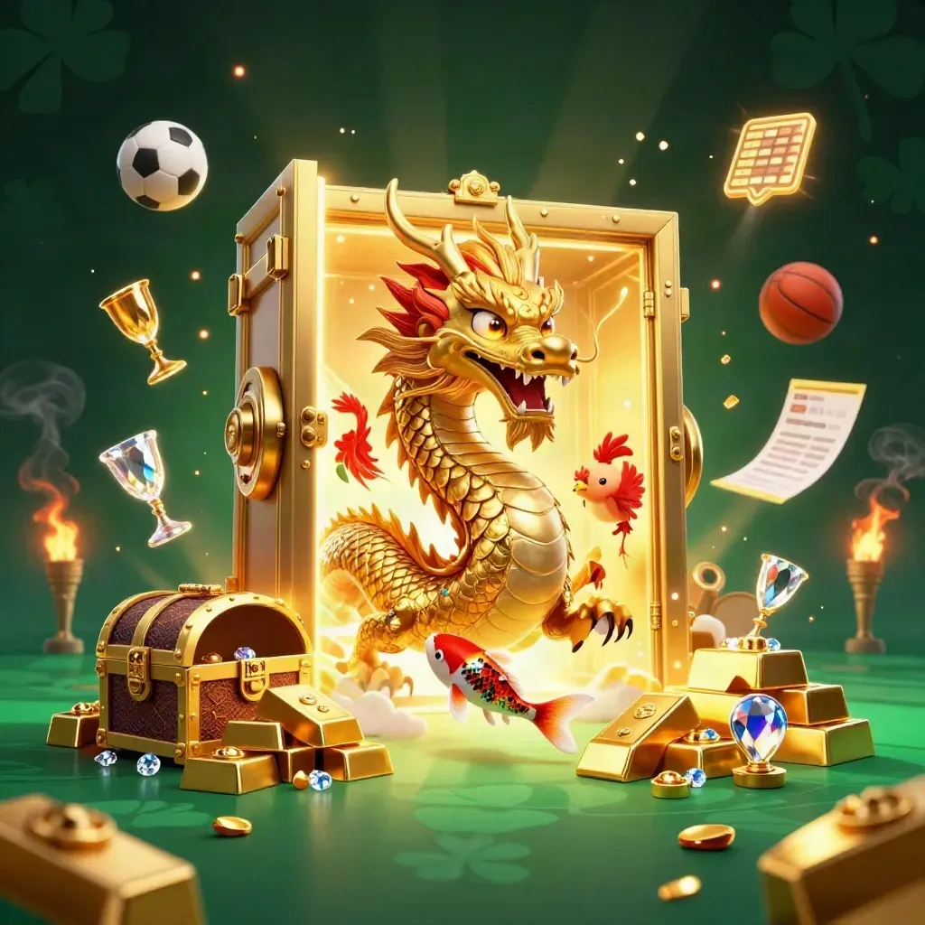 Golden dragon, phoenix and koi amid treasure, sports balls and casino light on dark emerald gold.