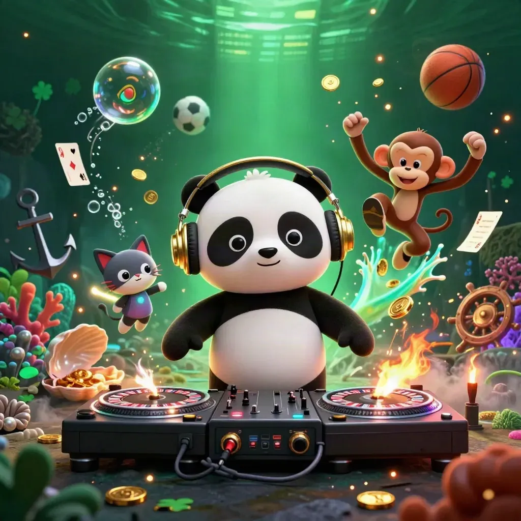 Panda DJ, breakdancing monkey, and glow-stick kitten in a neon treasure cove chaos scene.