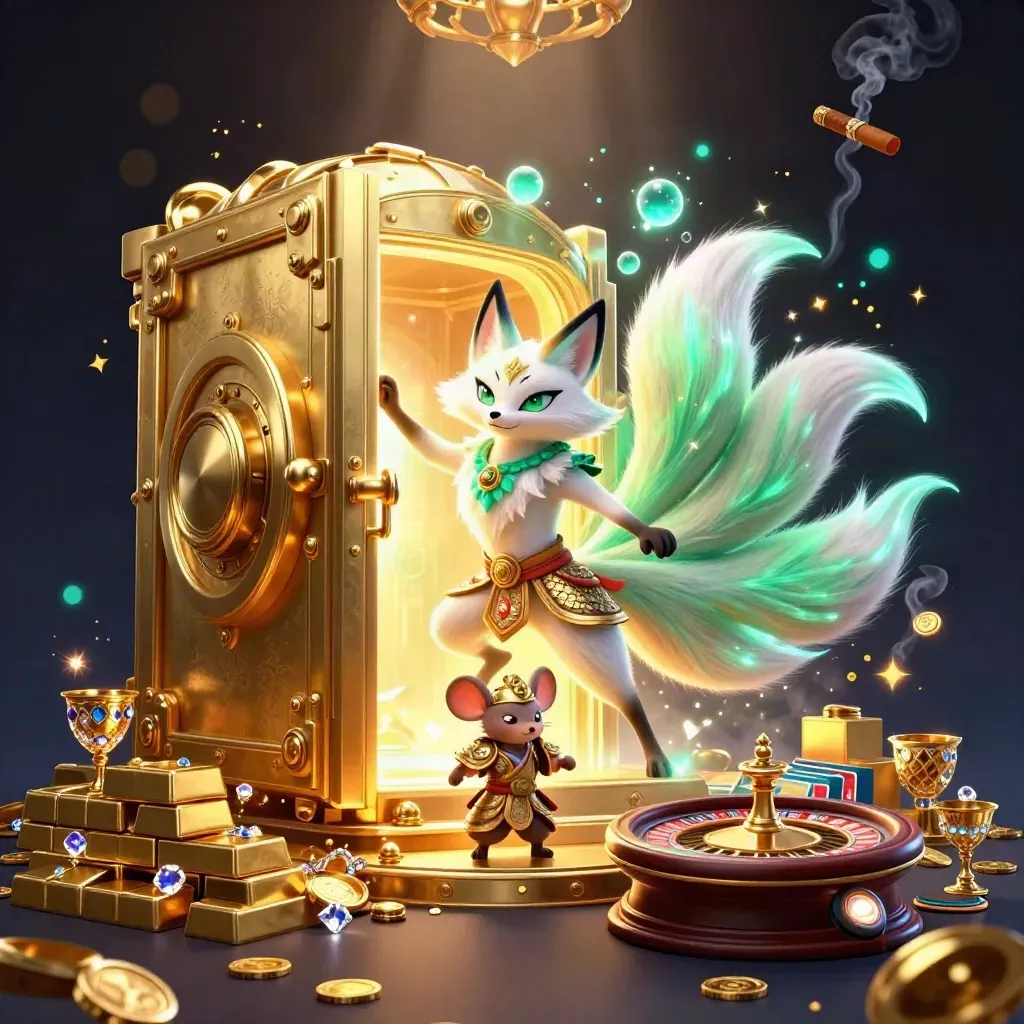 Neon fox spirit and armored mouse amid vault gold, gems, roulette wheel and casino glow.