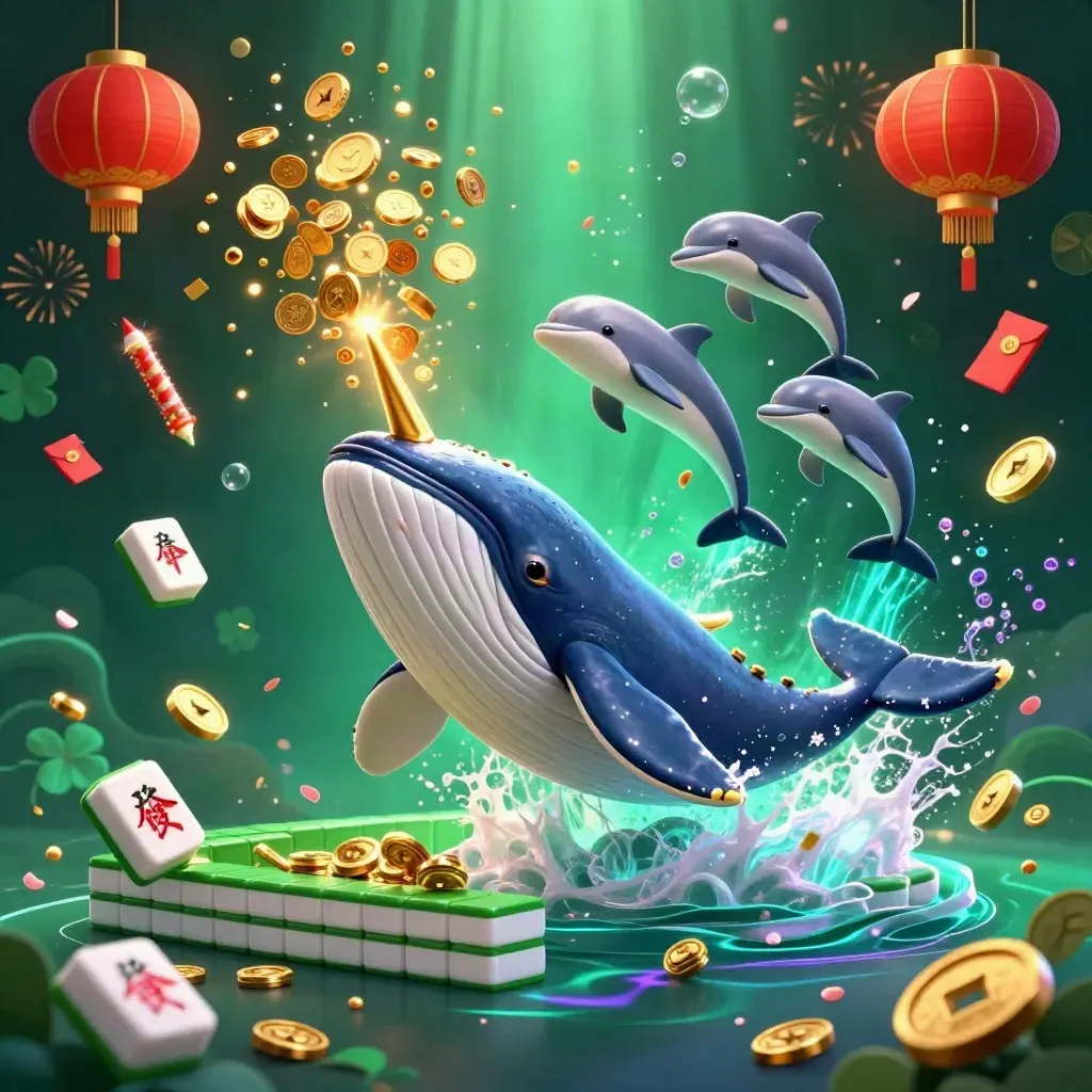 Whale captain, narwhal and dolphins burst through coins with jade tiles and lanterns in neon green.