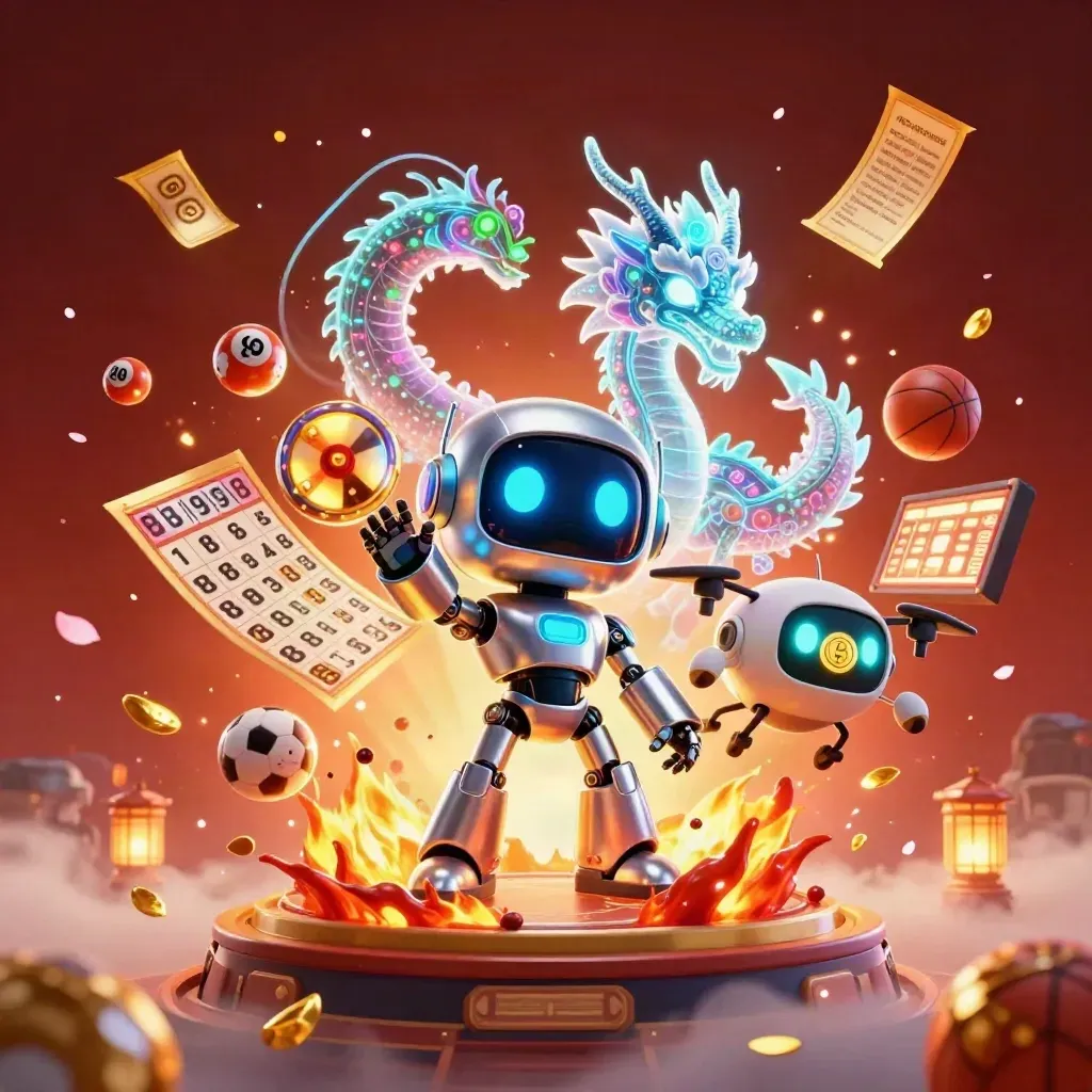 Robot mascot, holographic dragon and coin drone amid treasure bursts, lottery balls and fireworks.