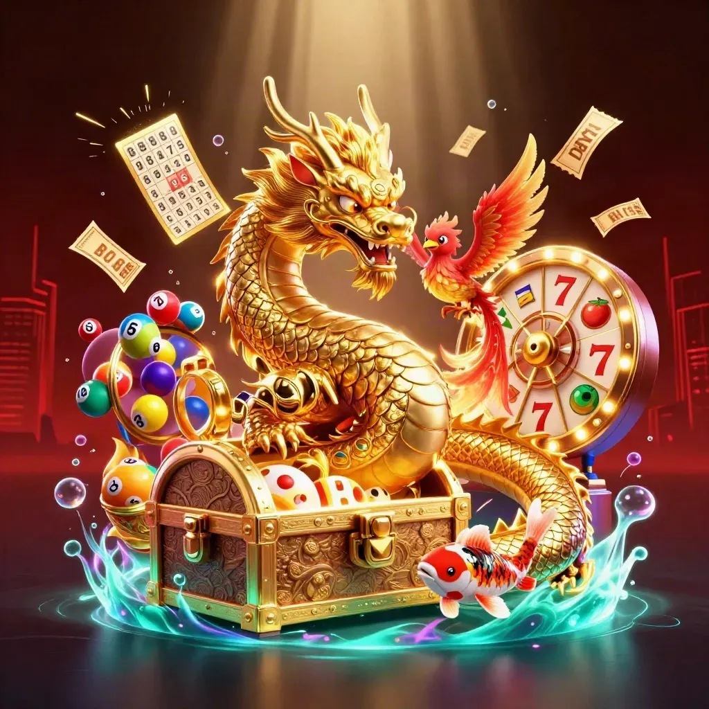 Golden dragon, phoenix, koi, and casino icons explode in a premium dark neon splash scene.